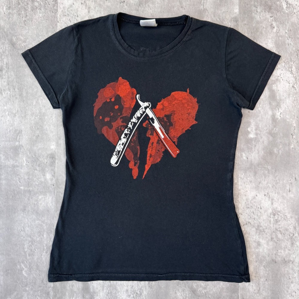 Vintage Sweeney Todd Movie T-Shirt Women's S Black Razor Heart Horror 2007